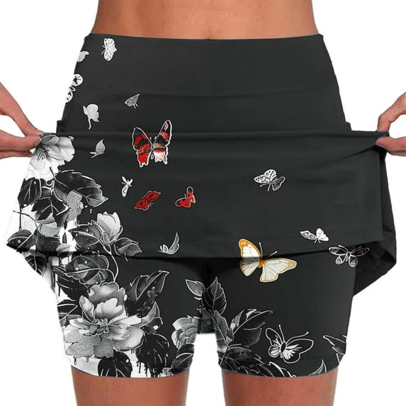 Royisotas Sports Womens Plus Size Shorts Summer Casual Mid Waist Skirt Shorts Stretchy Fake Two Piece Slim Floral Graphic Shorts