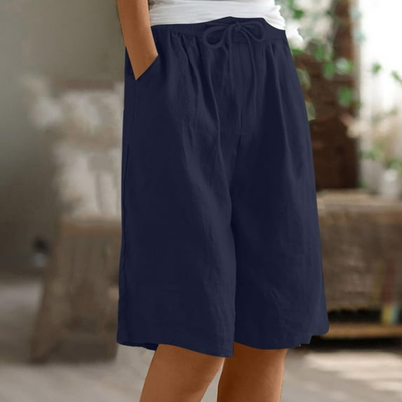 Royisotas Summer Shorts Women Loose Cotton Linen Casual Bermuda Shorts Elastic Waist Pocket Wide Leg Solid Color Shorts