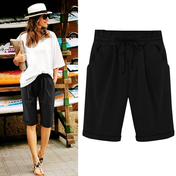 Royisotas Summer Shorts for Women Plus Size Casual Loose Bermuda Shorts Elastic Waist Drawstring Straight Pocket Solid Color Shorts