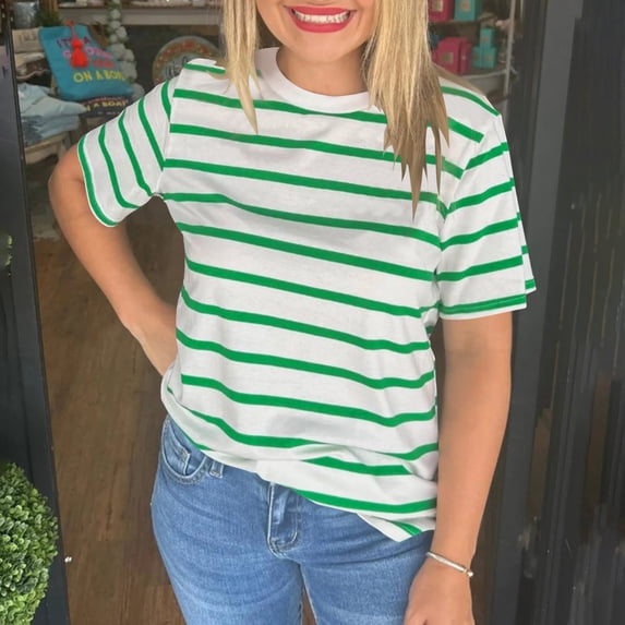 Royisotas Summer Tops Women Green Short Sleeve Casual Womens Shirts Striped Crew Neck Tshirts Plus Size