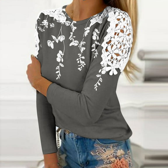 Royisotas Summer Tops for Women Casual Gray Floral Graphic Long Sleeve Women's Shirts Loose Crew Neck Fashion Lace Splicing T Shirts