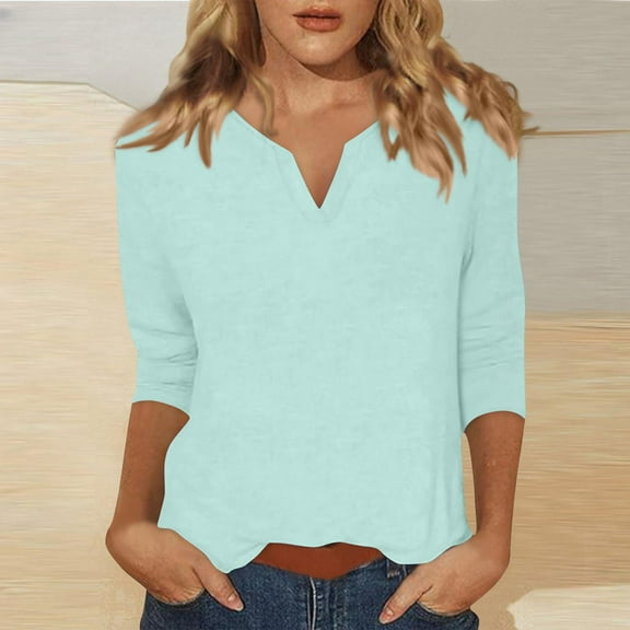 Royisotas Summer Tops for Women Plus Size Tshirt Solid Color Casual 3/4 Sleeve Mint Green T-Shirts Loose Fashion V-Neck Shirts