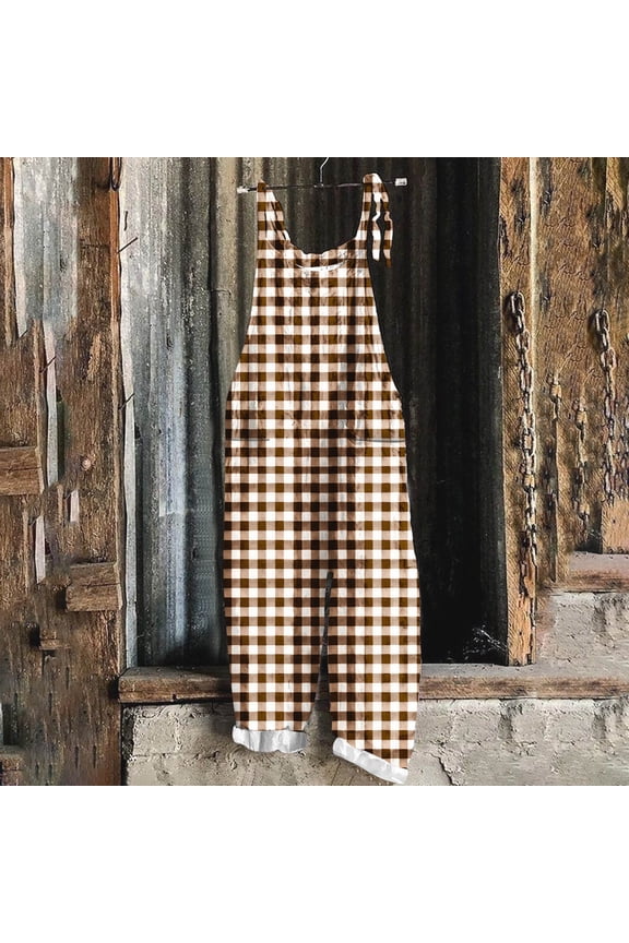 Fall Casual Wide Leg Cuffed Checkered Sleeveless Women's Jumpsuit Crew Neck Adjustable Straps Baggy with Pockets Pants Rompers