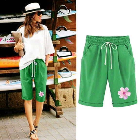 Royisotas Summer Women Shorts Plus Loose Casual Bermuda Shorts Straight Pocket Elastic Waist Drawstring Floral Graphic Shorts