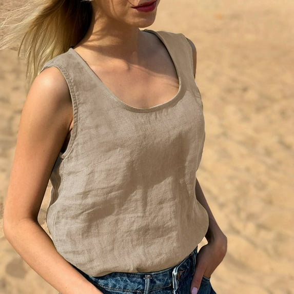 Royisotas Summer Women Tank Tops Khaki Sleeveless Casual Camisoles for Women Plus Cotton Linen Crew Neck Loose Solid Color Womens Cami Tops Plus Size