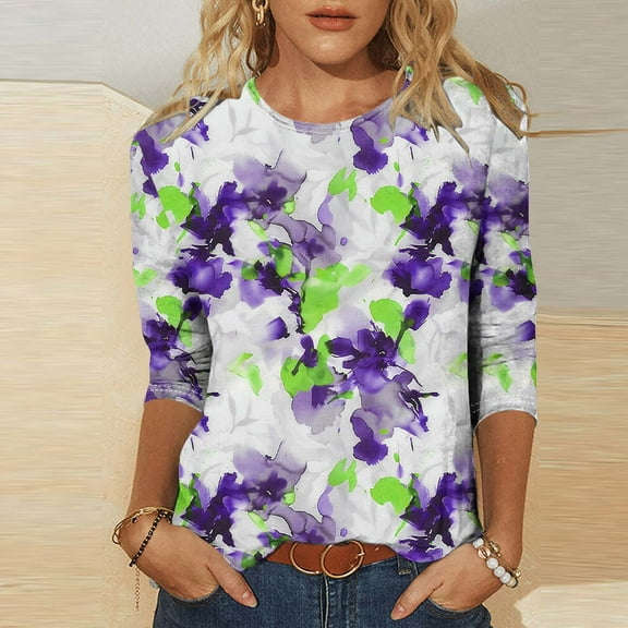Royisotas Summer Women's Plus Size Tops Casual Floral Graphic Purple Three Quarter Sleeve T-Shirts Crew Neck Loose Shirts