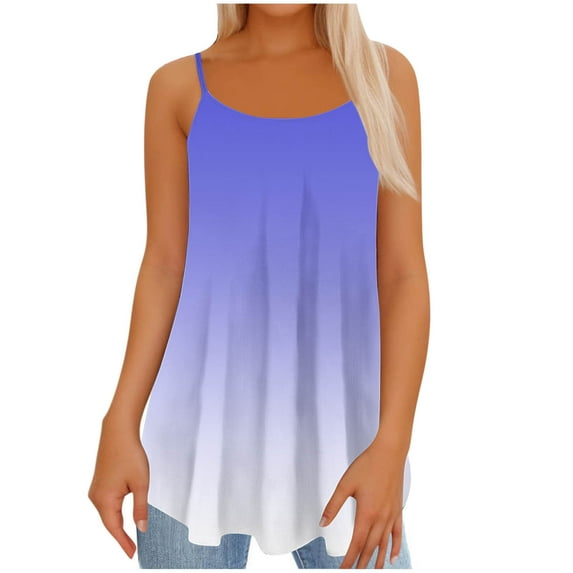 Royisotas Summer Women's Tank Tops Light Blue Casual Sleeveless Camisole Tops for Women Thin Strap Crew Neck Gradient Color Pleated Womens Cami Tops