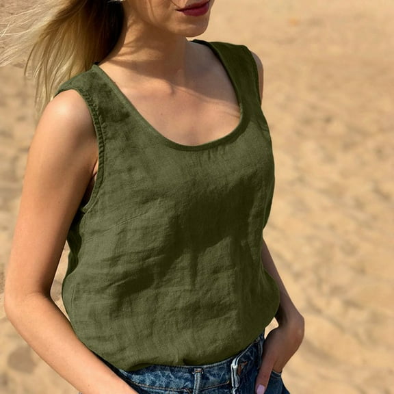 Royisotas Summer Women's Tank Tops Plus Casual Army Green Sleeveless Womens Camisoles and Tanks Loose Cotton Linen Crew Neck Womens Cami Tops