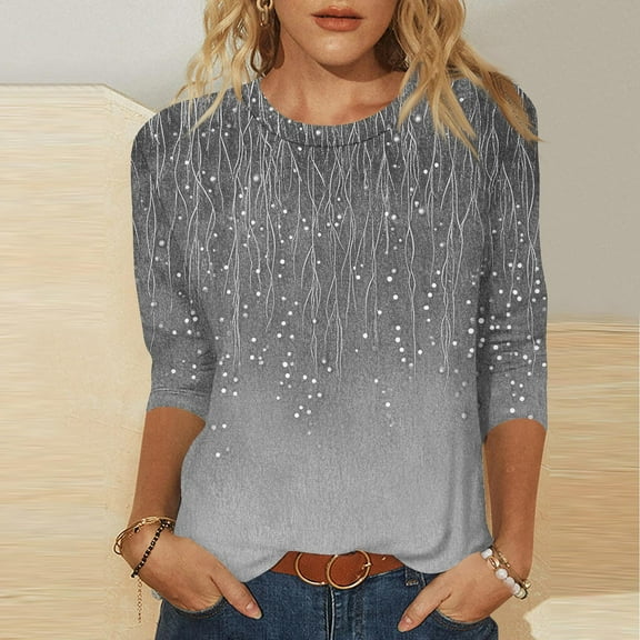 Royisotas Summer Women's Tops Print Dark Gray 3/4 Sleeve Casual Shirts Plus Size Crew Neck Loose Fit Fashion T-Shirts