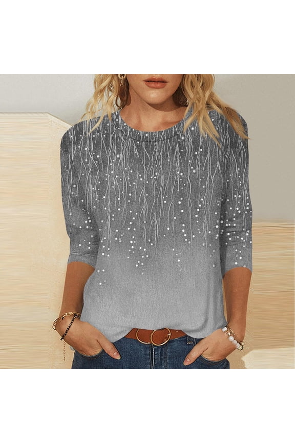 Summer Women's Tops Print Dark Gray 3/4 Sleeve Casual Shirts Plus Size Crew Neck Loose Fit Fashion T-Shirts