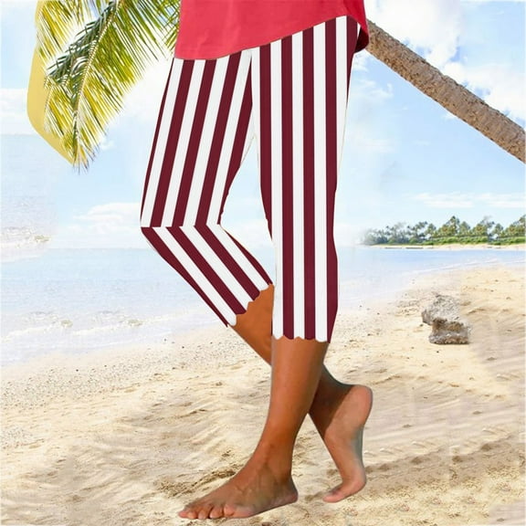 Royisotas Summer Womens Pants Casual Striped Yoga Gym High Waist Capris Pants Leggings Slim-Leg Elastic Capris Pants for Women