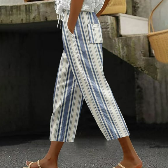 Royisotas Summer Womens Pants Striped Casual Harlan Pants Drawstring Elastic Waist with Pockets Women Capris