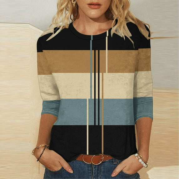 Royisotas Summer Womens Plus Size Tops Striped 3/4 Sleeve Yellow Casual T-Shirts Loose Crew Neck Shirts