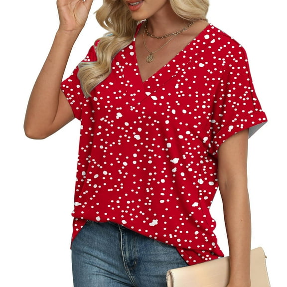 Royisotas Summer Womens Plus Tops Short Sleeve Casual Womens Tshirts Polka Dot V-Neck Shirts