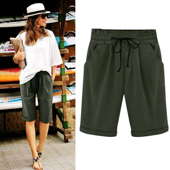 Royisotas Summer Womens Shorts Loose Casual Bermuda Shorts Straight Drawstring Elastic Waist Pocket Solid Color Shorts