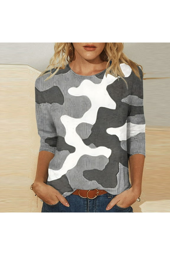 Summer Womens Tops Plus Size Army Green 3/4 Sleeve Casual Camo Shirts Loose Fit Crew Neck Blouse Women's T-Shirts