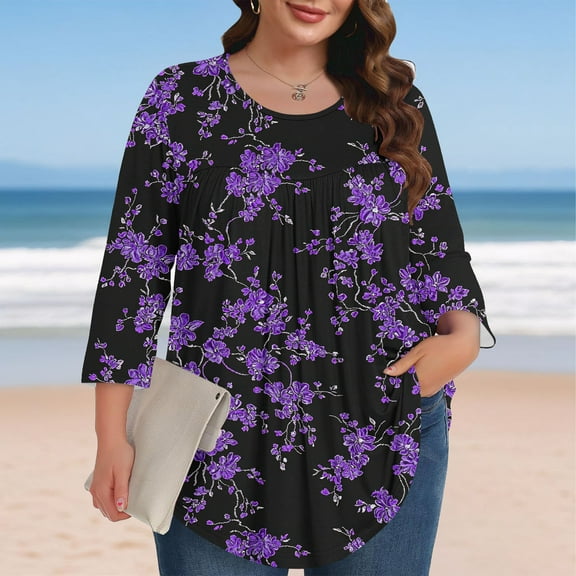 Royisotas Summer Womens Tops Plus Size Floral Graphic Casual 3/4 Sleeve Purple T-Shirts Pleated Loose Crew Neck Oversized Shirts