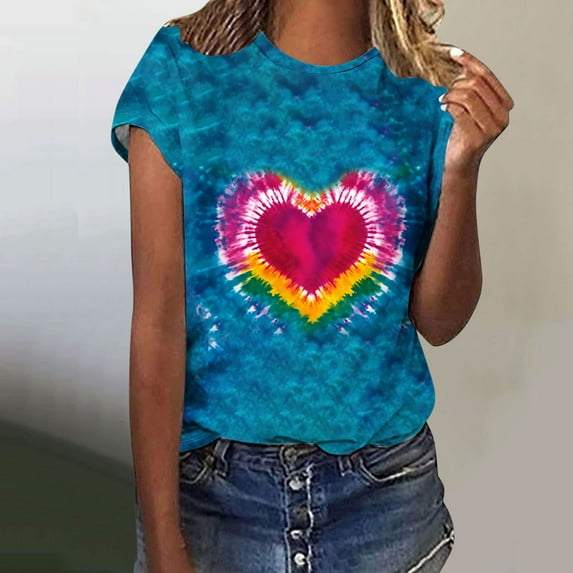 Royisotas Summer Womens Tops Short Sleeve Casual Pink Shirts for Women Plus Size Crew Neck Valentine'S Day Heart Tshirts