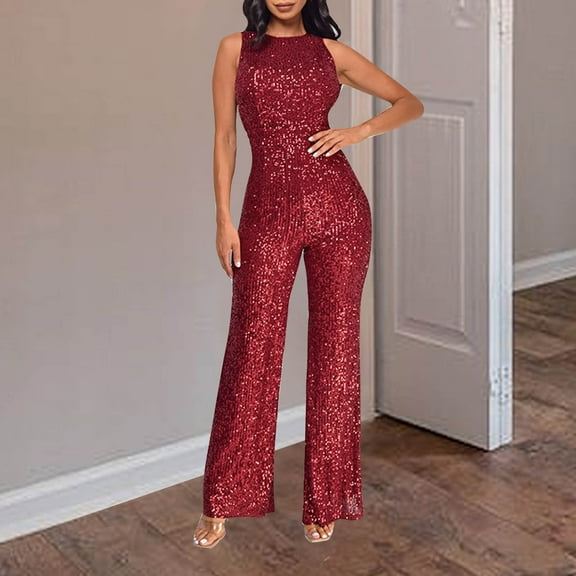 Royisotas Fall Womens Trouser Pants Sequin Casual Cold Shoulder Sleeveless Womens Jumpsuits Slim Straight Tunic Crew Neck Dressy Pant Rompers