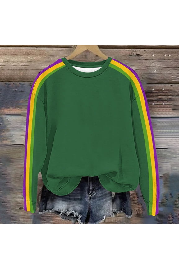 Sweatshirts for Women Fall Striped Trendy Long Sleeve Pullover Round Neck Casual Green Loose Fit No Hood Tops