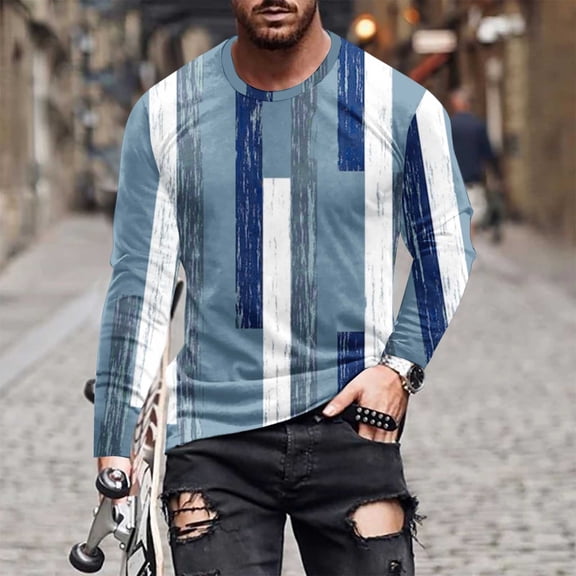 Royisotas T Shirts for Men Long Sleeve Pullover Tops Casual Big and Tall Crewneck Striped Fashion Mens Shirts Graphic