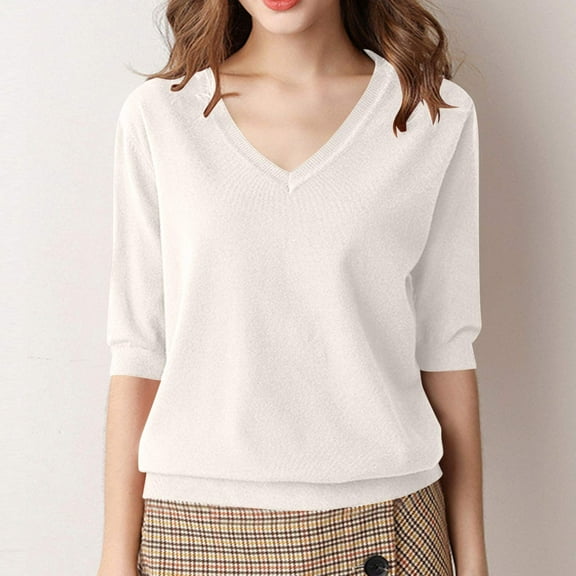 Royisotas T Shirts for Women Tunic Short Sleeve Blouses Knitted Pullover V Neck Pullover Casual Womens Tops Fashion