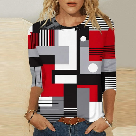Royisotas Three Quarter Sleeve Womens Plus Tops Casual Red Summer Patchwork T-Shirts Comfortable Loose Crew Neck Shirts Plus Size