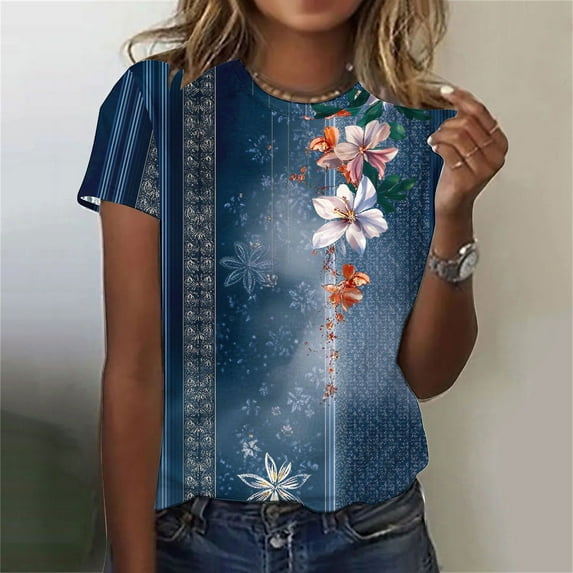 Royisotas Tops Women Casual Printed Navy Short Sleeve Pullover Crew Neck Womens Shirts Plus Size