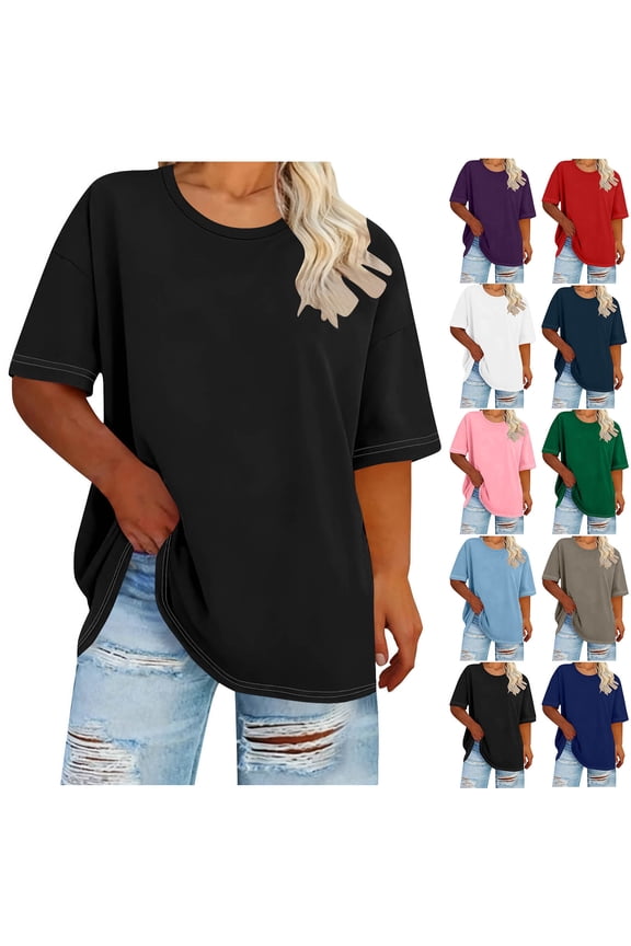 Plus Size Tops for Women Summer Short Sleeve T Shirts Casual Round Neck Classic Solid Color Loose Comfy Shirts Blouse Black 4XL