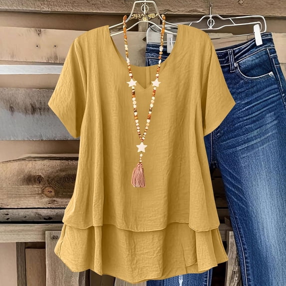 Royisotas Tops for Women Summer Short Sleeve V Neck Layered Tunic Blouses Casual Beach Vacation Shirts
