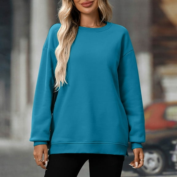 Royisotas Tunic Plus Size Sweatshirts for Women Long Sleeve Crew Neck Winter Solid Casual Soft Pullover Tops with Pockets