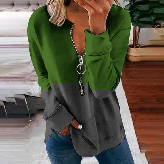 Royisotas Tunic Sweatshirts for Women Plus Size Long Sleeve Fall Color Block Pullover Casual Green Crew Neck Half Zip No Hood Shirts