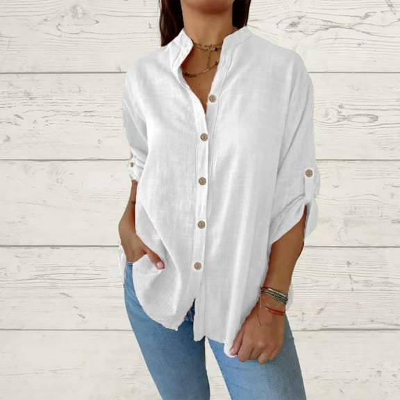 Royisotas Tunic Women Plus Size Tops Casual Long Sleeve Cotton Fall Plus Size Button Down Shirts for Women Solid Color Collared White Button up Shirts