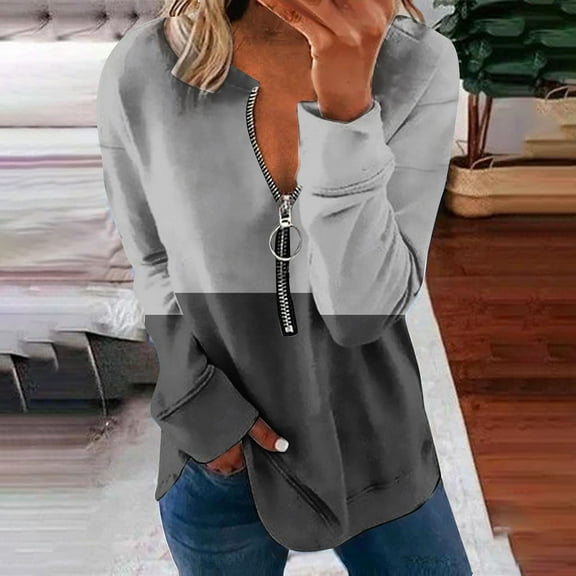 Royisotas Tunic Womens Sweatshirts Plus Size Fall and Winter Long Sleeve Color Block Pullover Half Zip Crew Neck Gray Casual No Hood Tops