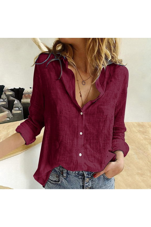 Tunic Womens Tops Plus Size Casual Long Sleeve Cotton Linen Winter Women Button Down Shirt Solid Color Collared Wine Button up Shirts