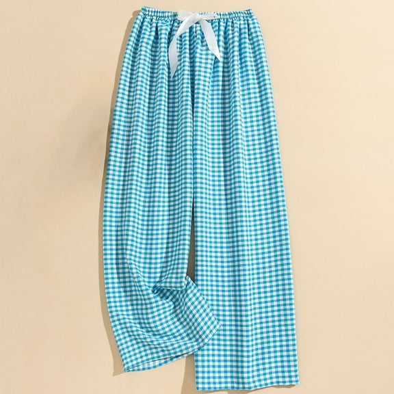 Royisotas Wide Leg Plus Size Womens Pants Casual Summer Plaid Home Pants Elastic Waist