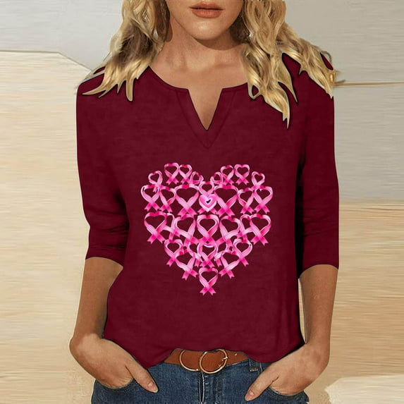 Royisotas Wine Plus Size Tops for Women 3/4 Sleeve Breast Cancer Awareness Day Casual Summer Shirts V-Neck Loose Fit Fashion Women's T-Shirts