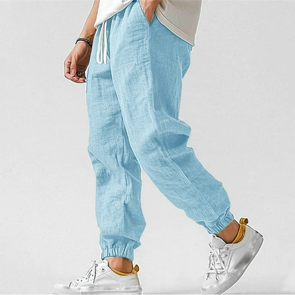 Royisotas Winter Pants for Men with Pockets Linen Jogger Elastic Waist Mens Pants Fashion