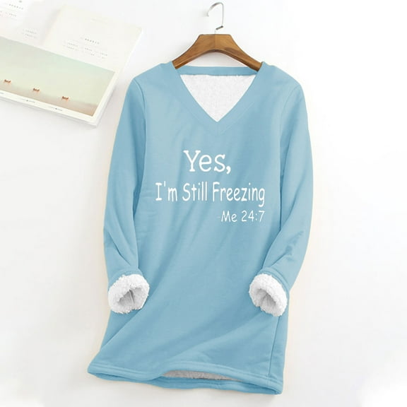 Royisotas Winter Plus Size Sweatshirts for Women Plus Size Letter Print Long Sleeve Fleece Pullover Blue Casual V-Neck Tunic No Hood Shirts