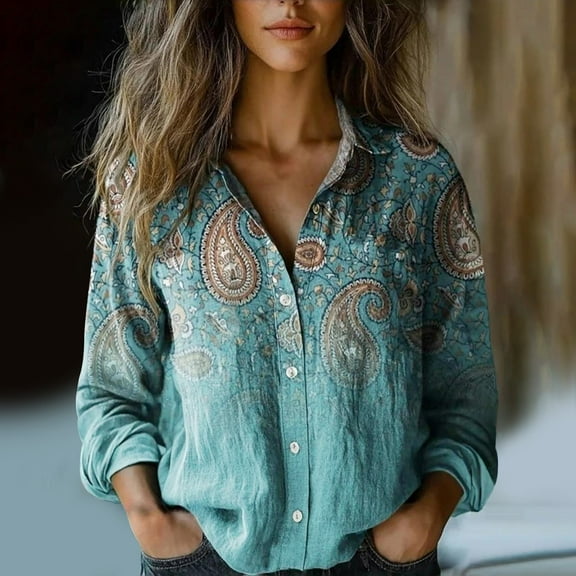 Royisotas Winter Plus Size Tops for Women Casual Long Sleeve Cotton Linen Vintage Womens Button Down Blouses Green Graphic Collared Button up Shirts