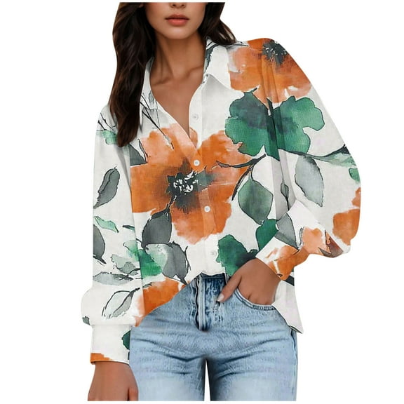 Royisotas Winter Tops for Women Plus Size Long Sleeve Puffy Sleeve Soft Casual Women Button Down Shirt Orange Collared Floral Button up Shirts