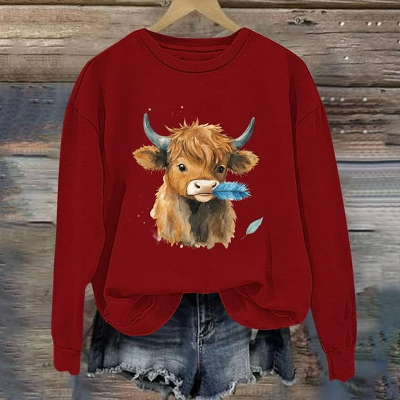 Royisotas Winter Women's Sweatshirts Cow Graphic Long Sleeve Pullover Soft Casual Crew Neck Loose Fit Hoodless Tops