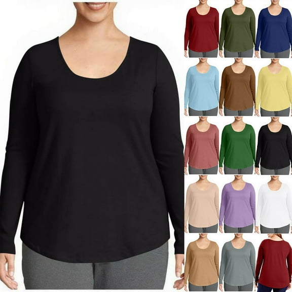 Royisotas Winter Womens Plus Shirts Oversized Casual U-Neck Long Sleeve Basic Solid Color Shirts