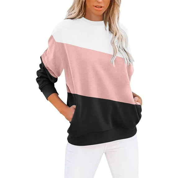 Royisotas Winter Womens Sweatshirts Color Block Long Sleeve Pullover Trendy Crewneck Casual Pink Side Pockets No Hood Shirts