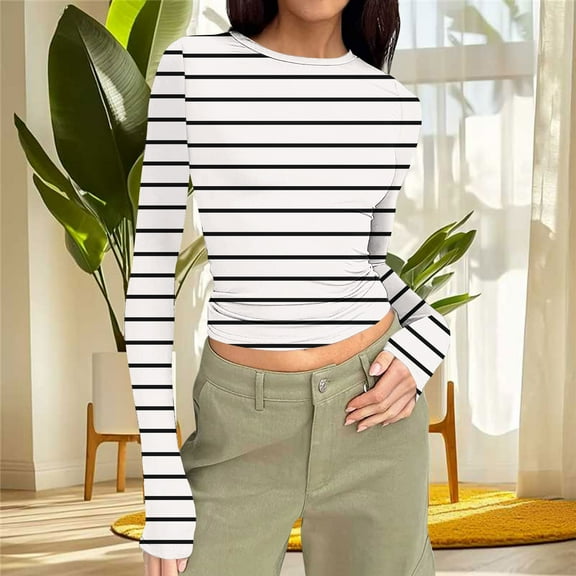 Royisotas Winter Womens Tops Long Sleeve Striped Casual White Shirts Cropped Crew Neck Slim T-Shirts for Women