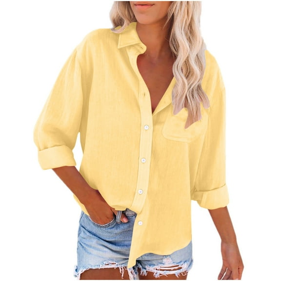 Royisotas Winter Womens Tops Tunic Casual Long Sleeve Cotton Linen Plus Size Button Down Shirts for Women Pocket Yellow Collared Button up Shirts
