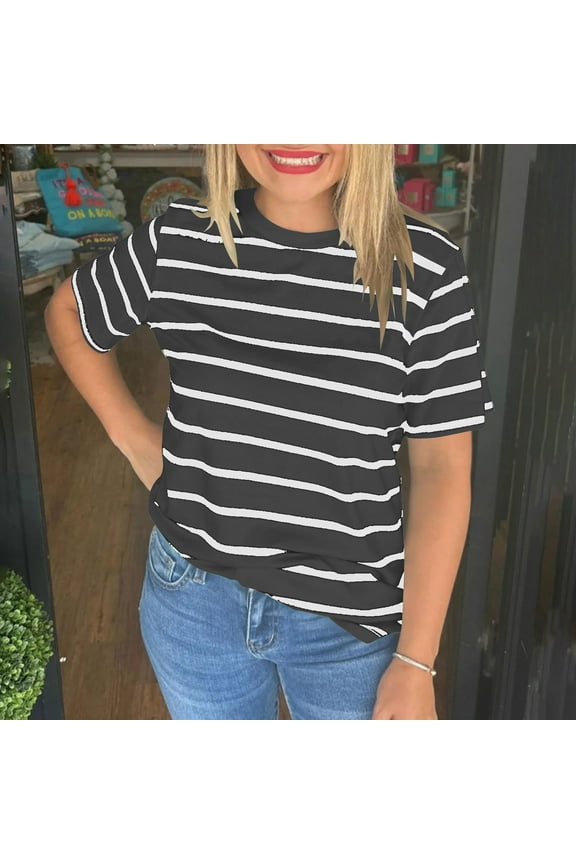 Women Plus Size Tops Short Sleeve Casual Black Summer Shirts for Women Striped Crew Neck Tshirts