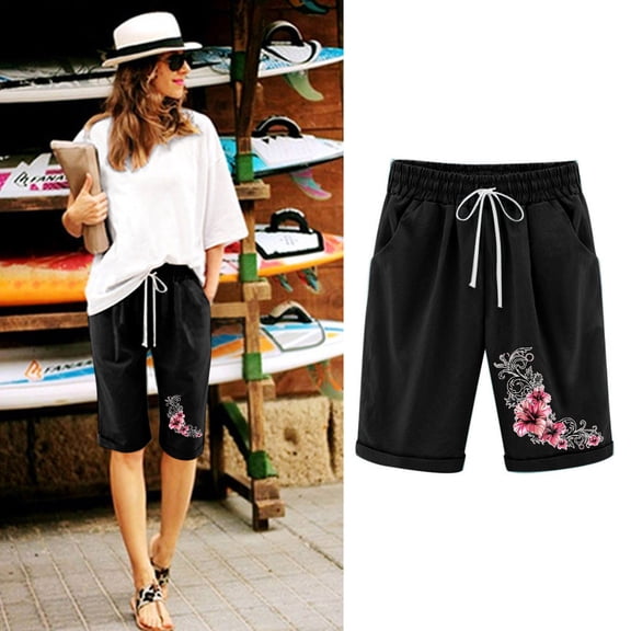 Royisotas Women Shorts Drawstring Summer Casual Elastic Waist Bermuda Shorts Print Pocket Women's Plus Size Shorts