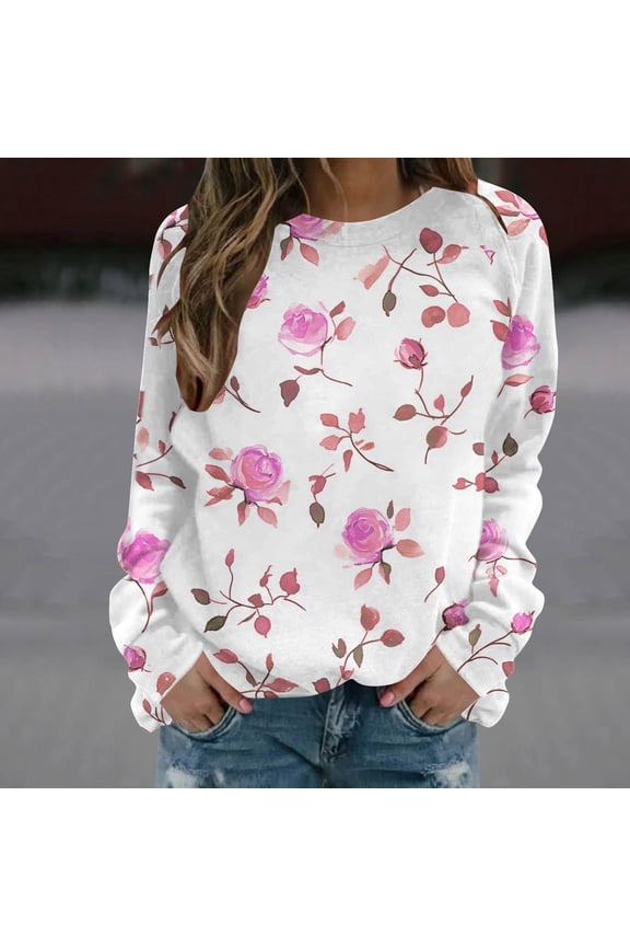 Women Sweatshirts Fall and Winter Long Sleeve Floral Graphic Pullover Pink Crewneck Raglan Casual No Hood Tops