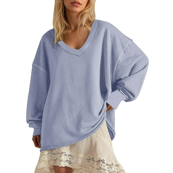 Royisotas Women Sweatshirts Plus Size Long Sleeve Plain Fall Pullover Casual V-Neck Tunic Hoodless Blouse